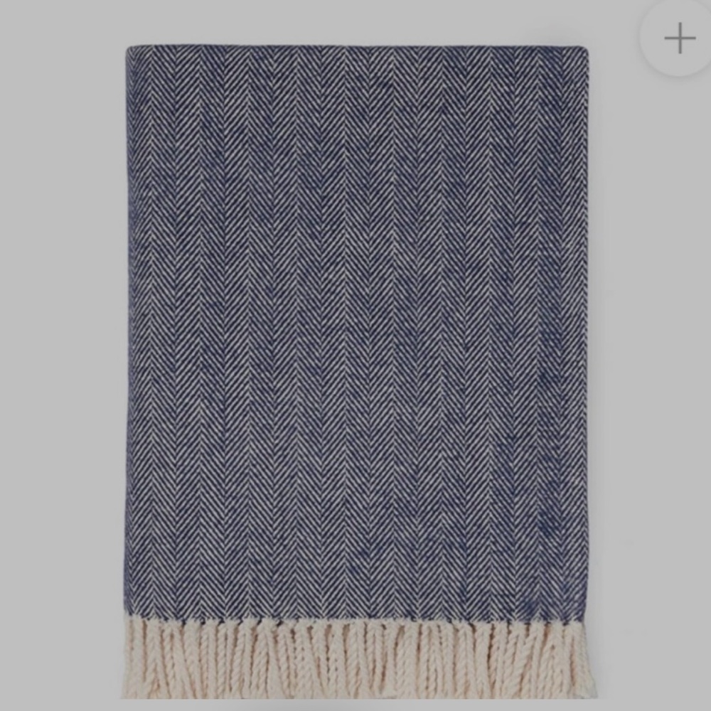 Navy Herringbone Throw Blanket with Fringe